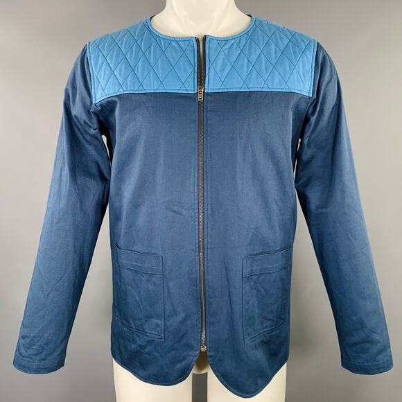 METISEKO Size M Navy Blue Two Toned Organic Cotton Collarless Jacket - Picture 1 of 5